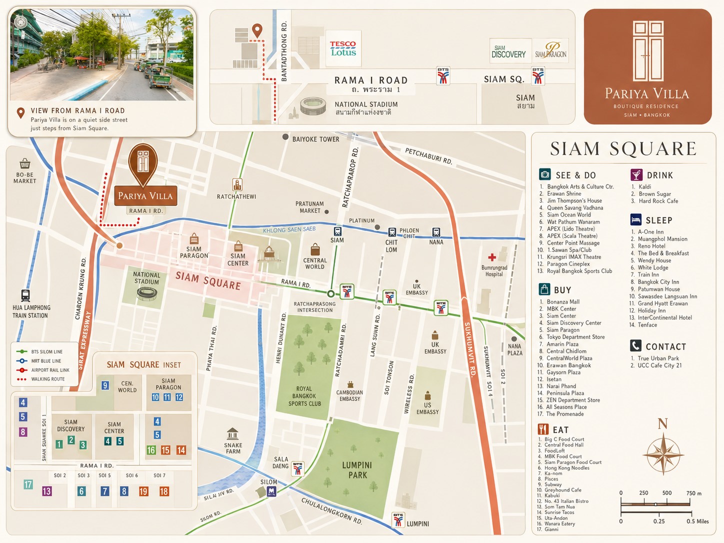 Map to Pariya Villa in Siam Square